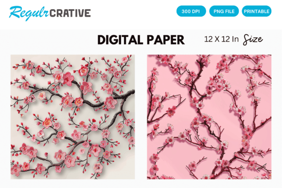 Download Cherry Blossom Embroidered Digital Paper - Premium Resources